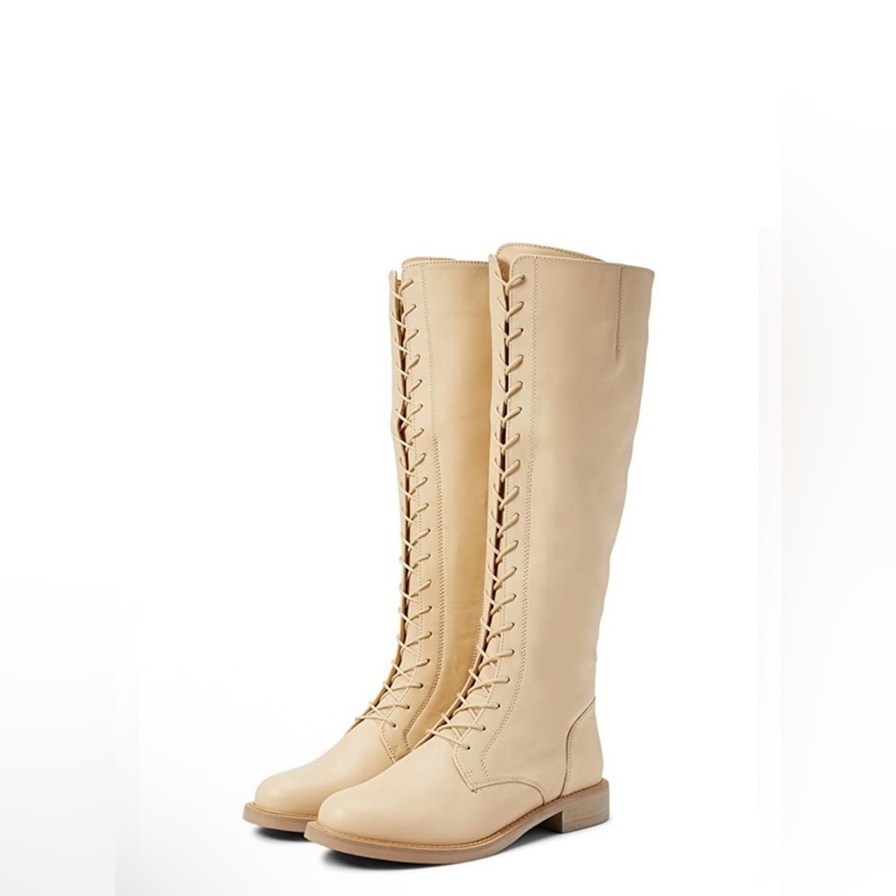 Sam Edelman Cream Knee High Boots with Lace-Up Design